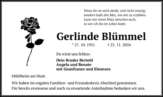 Traueranzeige von Gerlinde Blümmel von OF