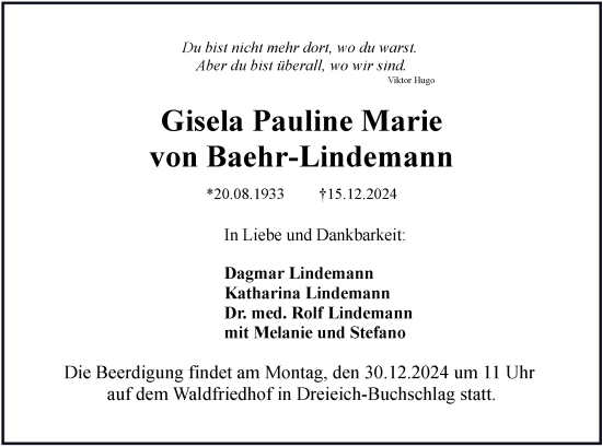 Traueranzeige von Gisela Pauline Marie von Baehr-Lindemann von OF