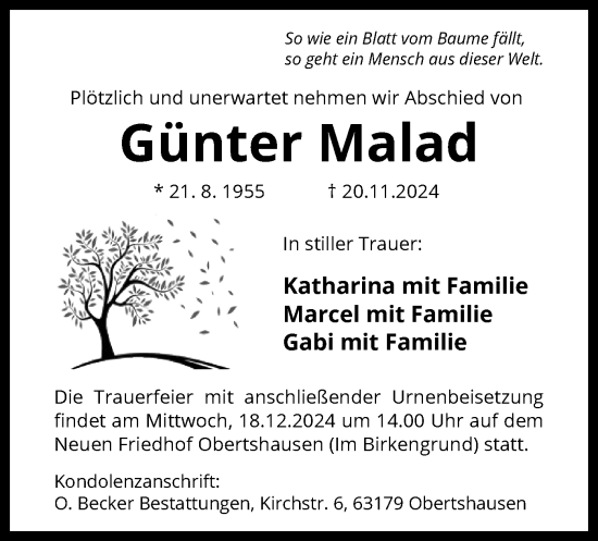 Traueranzeige von Günter Malad von OF