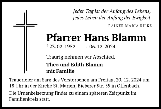 Traueranzeige von Hans Blamm von OF