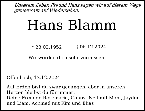 Traueranzeige von Hans Blamm von OF