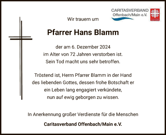 Traueranzeige von Hans Blamm von OF