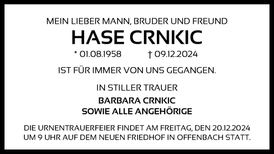 Traueranzeige von Hase Crnkic von OF