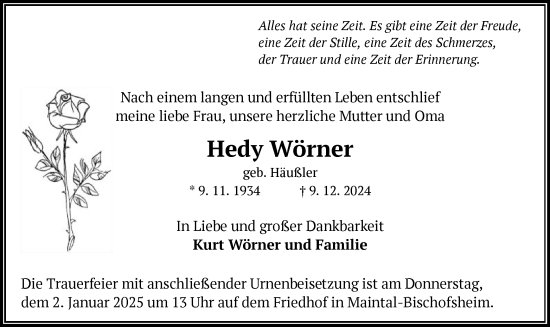 Traueranzeige von Hedy Wörner von OF