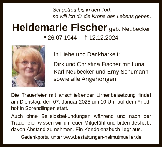 Traueranzeige von Heidemarie Fischer von OF