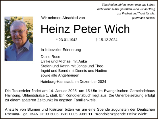 Traueranzeige von Heinz Peter Wich von OF