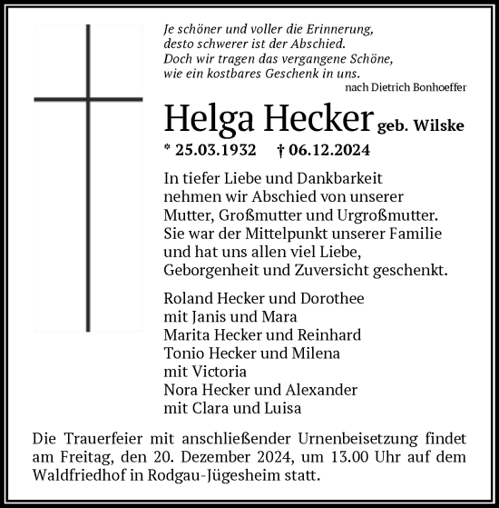 Traueranzeige von Helga Hecker von OF