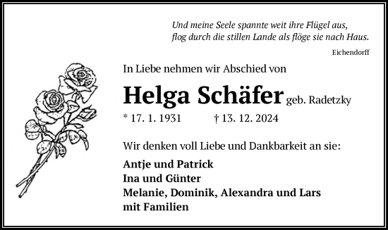 Traueranzeige von Helga Schäfer von OF