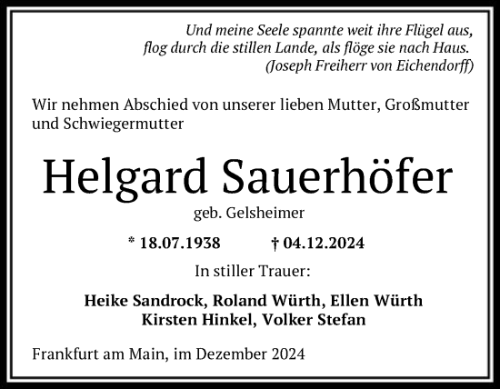 Traueranzeige von Helgard Sauerhöfer von OF