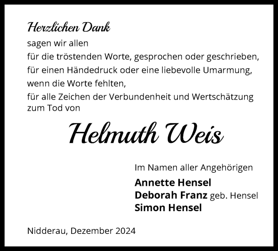 Traueranzeige von Helmuth Weis von OF