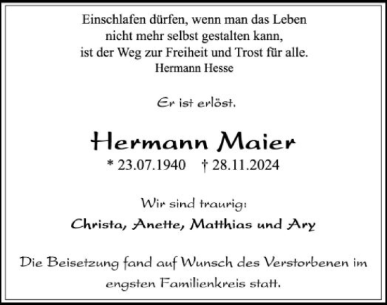 Traueranzeige von Hermann Maier von OF