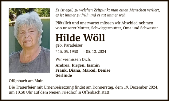 Traueranzeige von Hilde Wöll von OF