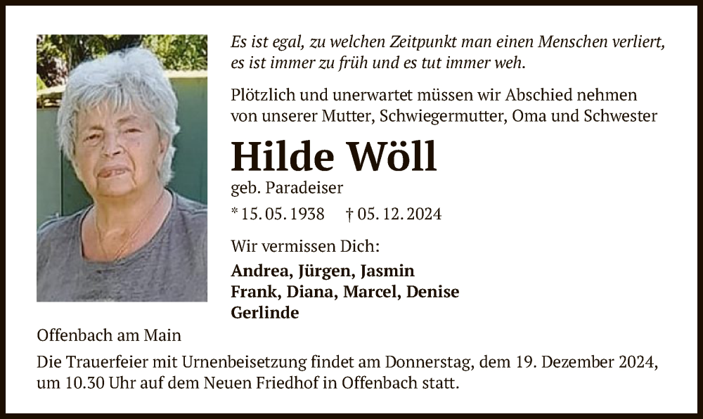  Traueranzeige für Hilde Wöll vom 14.12.2024 aus OF