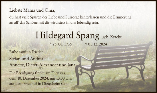 Traueranzeige von Hildegard Spang von OF