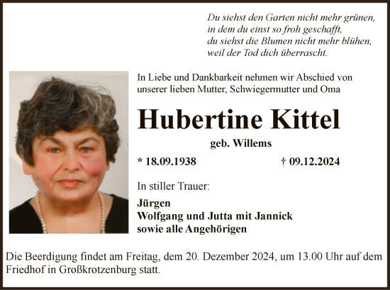 Traueranzeige von Hubertine Kittel von OF