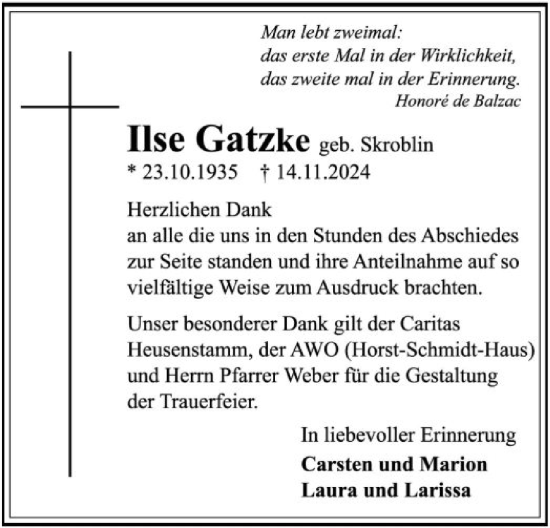 Traueranzeige von Ilse Gatzke von OF