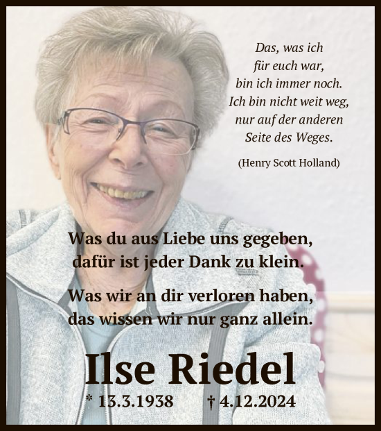 Traueranzeige von Ilse Riedel von OF