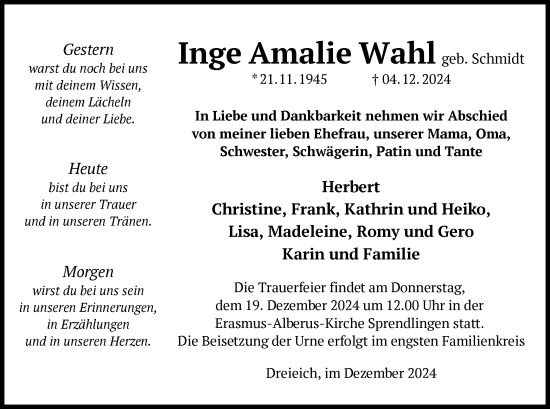 Traueranzeige von Inge Amalie Wahl von OF