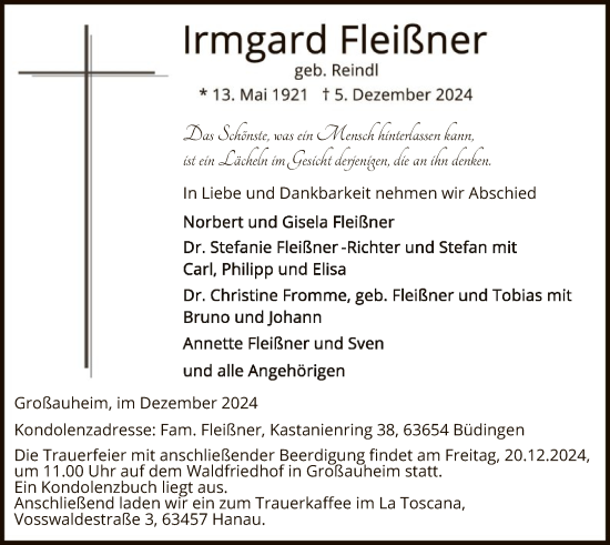 Traueranzeige von Irmgard Fleißner von OF