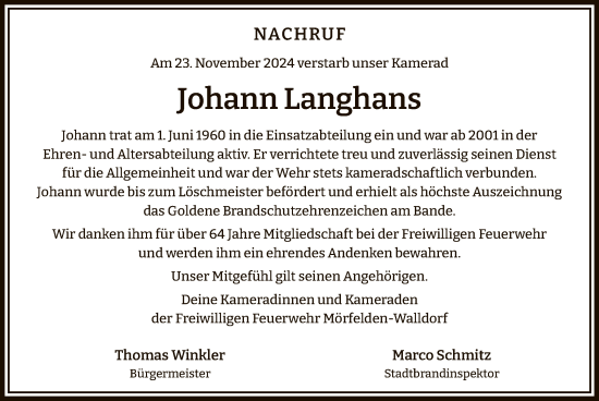 Traueranzeige von Johann Langhans von OF