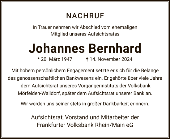 Traueranzeige von Johannes Bernhard von OF