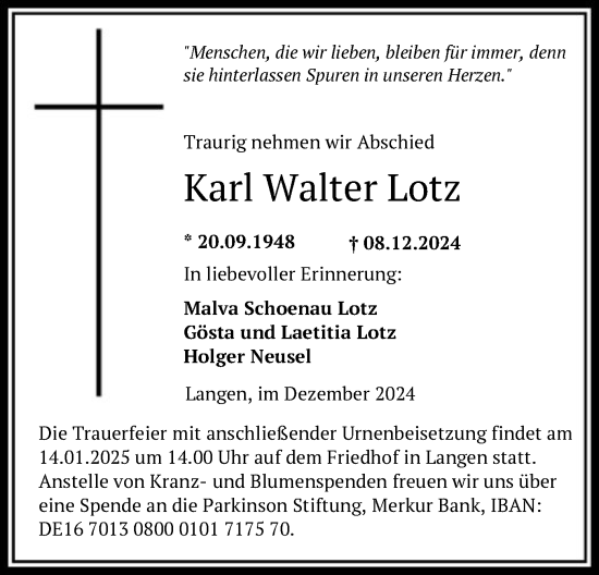 Traueranzeige von Karl Walter Lotz von OF