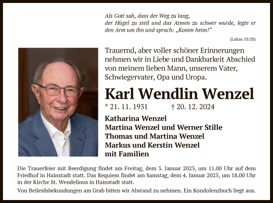 Traueranzeige von Karl Wendlin Wenzel von OF