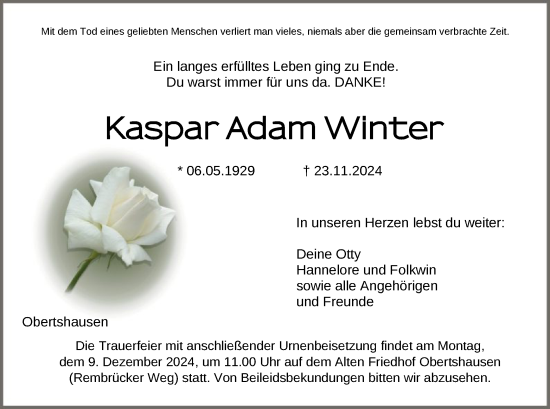 Traueranzeige von Kaspar Adam Winter von OF