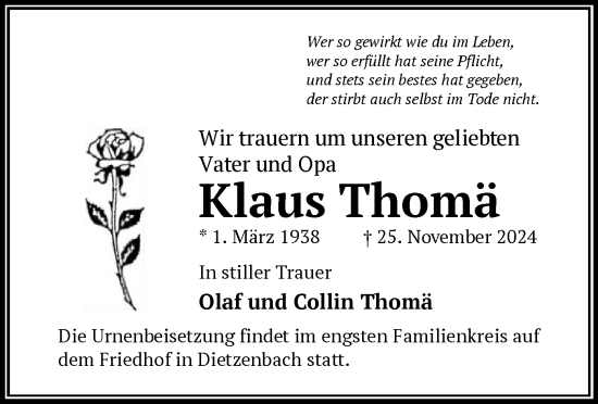 Traueranzeige von Klaus Thomä von OF