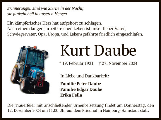 Traueranzeige von Kurt Daube von OF