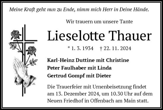 Traueranzeige von Lieselotte Thauer von OF