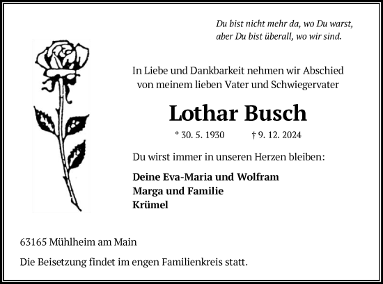 Traueranzeige von Lothar Busch von OF