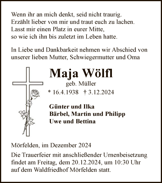 Traueranzeige von Maja Wölfl von OF