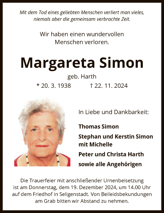 Traueranzeige von Margareta Simon von OF