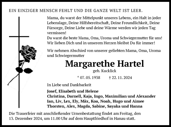 Traueranzeige von Margarethe Hartel von OF