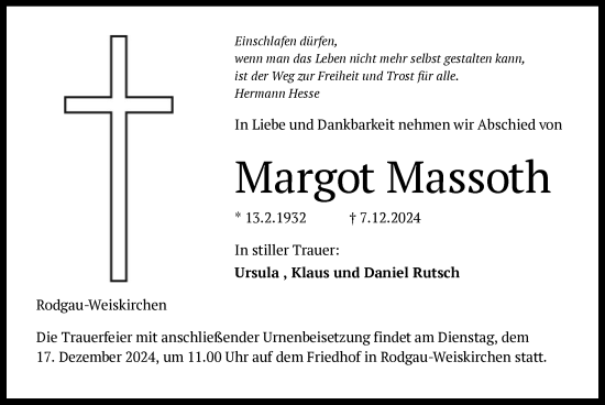 Traueranzeige von Margot Massoth von OF