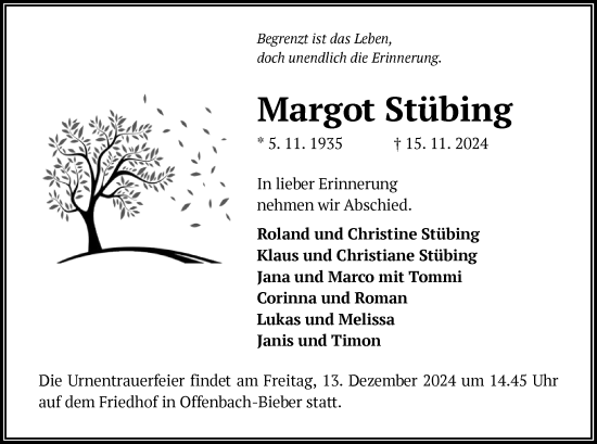 Traueranzeige von Margot Stübing von OF