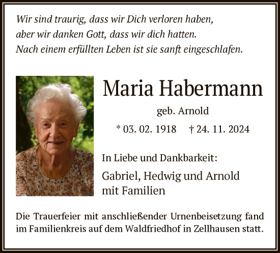 Traueranzeige von Maria Habermann von OF