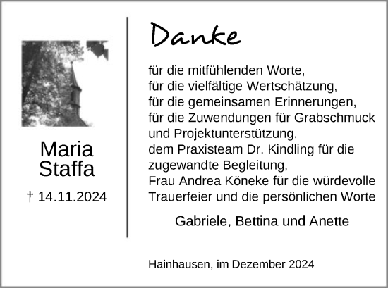 Traueranzeige von Maria Staffa von OF