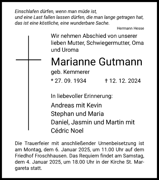 Traueranzeige von Marianne Gutmann von OF