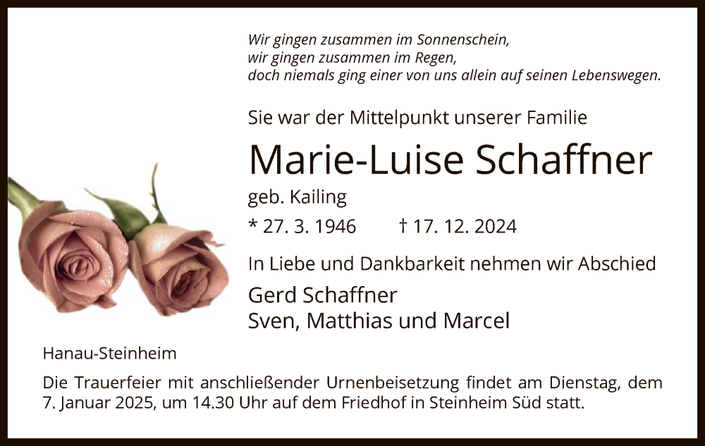  Traueranzeige für Marie-Luise Schaffner vom 28.12.2024 aus OFOF