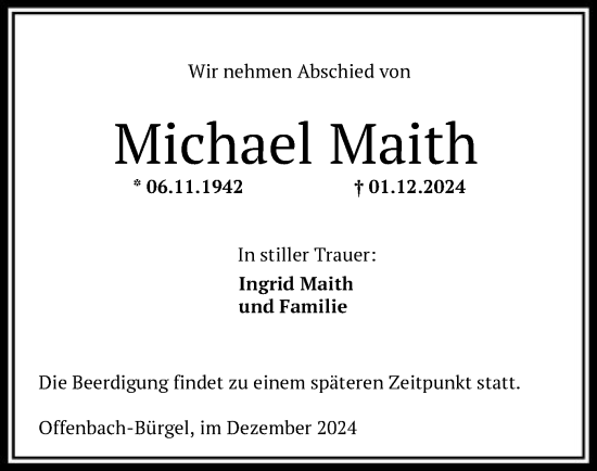 Traueranzeige von Michael Maith von OF