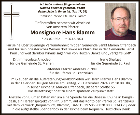 Traueranzeige von Monsignore Hans Blamm von OF