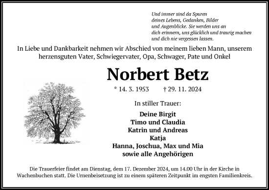 Traueranzeige von Norbert Betz von OF