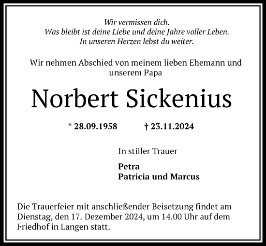 Traueranzeige von Norbert Sickenius von OF