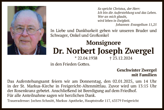 Traueranzeige von Norbert Joseph Zwergel von OF