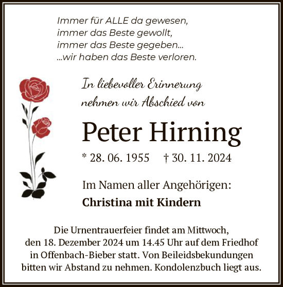 Traueranzeige von Peter Hirning von OF