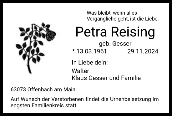 Traueranzeige von Petra Reising von OF