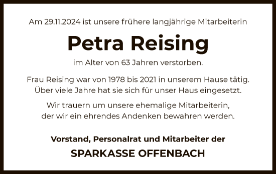 Traueranzeige von Petra Reising von OF