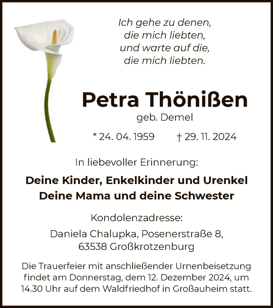 Traueranzeige von Petra Thönißen von OF